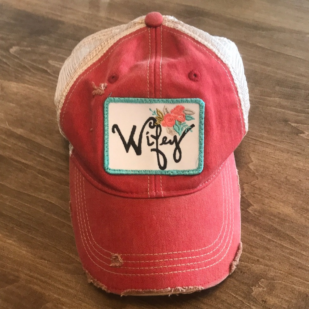 Judith March Distressed Red and Tan Mesh “Wifey” Cap